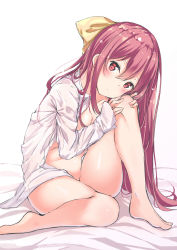 Rule 34 | 1girl, barefoot, bow, dress shirt, hair bow, head on knee, head tilt, highres, kamikaze (kancolle), kantai collection, long hair, looking at viewer, naked shirt, purple hair, red eyes, shirt, simple background, solo, very long hair, white background, yellow bow, yukishiro arte