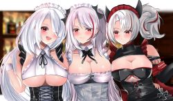 Rule 34 | 3girls, :d, :o, absurdres, alternate costume, azur lane, bare shoulders, black corset, black dress, blurry, blurry background, blush, breasts, cleavage, cleavage cutout, clothing cutout, commentary request, corset, detached collar, dress, enmaided, hair over one eye, highres, large breasts, long hair, maid, maid headdress, multicolored hair, multiple girls, official alternate costume, open mouth, prinz adalbert (after-hours service) (azur lane), prinz adalbert (azur lane), prinz eugen (azur lane), prinz heinrich (azur lane), red eyes, red hair, rei tuki, short hair, short twintails, silver hair, smile, streaked hair, twintails, two-tone hair, underboob, underboob cutout