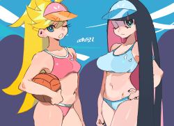 Rule 34 | 2girls, absurdres, aqua background, aqua bikini, aqua eyes, aqua sky, ball, bare shoulders, bikini, blonde hair, blue bikini, blue hair, breasts, collarbone, colored inner hair, commentary, english commentary, hand on own hip, highres, holding, holding ball, large breasts, long hair, looking at viewer, midriff, multicolored background, multicolored hair, multiple girls, nail polish, navel, one eye closed, open mouth, panties, panty &amp; stocking with garterbelt, panty (psg), pink bikini, pink hair, pink sports bra, purple background, shiny skin, siblings, sisters, smile, sports bra, standing, stocking (psg), stomach, swimsuit, two-tone hair, underwear, volleyball, volleyball (object), whoopsatro