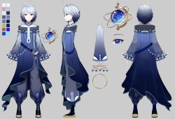 Rule 34 | 1girl, androgynous, blue eyes, blue hair, character sheet, cloak, earrings, full body, highres, jewelry, kelinch1, long sleeves, looking at viewer, magic, maha5, maha5japan, minatoe yomina, necklace, official art, orb, outstretched hand, pale skin, virtual youtuber, water