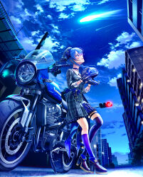 Rule 34 | 1girl, absurdres, apartment, blue bow, blue dress, blue eyes, blue footwear, blue hair, boots, bow, dress, estrella (uypu4574), hair bow, unworn headwear, helmet, unworn helmet, high heel boots, high heels, highres, holding, holding helmet, hololive, hoshimachi suisei, hoshimachi suisei (1st costume), long hair, motor vehicle, motorcycle, motorcycle helmet, night, night sky, open mouth, outdoors, shooting star, sky, smile, solo, standing, star (sky), starry sky, virtual youtuber