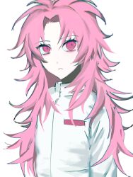 Rule 34 | 1boy, chinese commentary, closed mouth, commentary request, frown, hatsutori hajime, highres, long hair, long sleeves, male focus, parted bangs, pink eyes, pink hair, saibou shinkyoku, shirt, simple background, solo, upper body, wang ling de, white background, white shirt