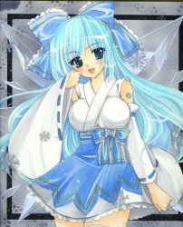 Rule 34 | 1girl, adapted costume, alternate breast size, bad id, bad pixiv id, blue eyes, blue hair, blush, bow, breasts, cirno, cosplay, detached sleeves, hair bow, hakurei reimu, hakurei reimu (cosplay), ice, ice wings, japanese clothes, kimono, kimono skirt, large bow, large breasts, lips, long hair, looking at viewer, matching hair/eyes, miko, mitsuba (threeleaf), aged up, parted lips, smile, snowflakes, solo, touhou, traditional media, very long hair, wings
