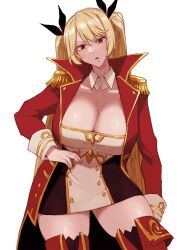 Rule 34 | 1girl, absurdres, arm at side, azur lane, black dress, black ribbon, boots, breasts, buttons, cleavage, coat, collarbone, commentary request, cowboy shot, dated commentary, detached collar, dress, epaulettes, hair between eyes, hair ribbon, hand on own hip, head tilt, highres, huge breasts, long hair, long sleeves, looking at viewer, mabuta kayumi, nelson (azur lane), open clothes, open coat, parted lips, red coat, red eyes, red footwear, ribbon, short dress, simple background, solo, standing, thigh boots, thighhighs, twintails, two-tone dress, very long hair, white background, white dress, zettai ryouiki