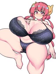 Rule 34 | 1girl, bare shoulders, barefoot, bellupup, black bra, black panties, blush, bra, breasts, closed mouth, collarbone, curled horns, dragon horns, feet, gigantic breasts, highres, horns, ilulu (maidragon), kobayashi-san chi no maidragon, lingerie, long hair, panties, pink hair, pointy ears, red eyes, simple background, slit pupils, smile, solo, toes, twintails, underwear, white background