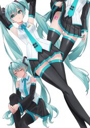 Rule 34 | 1girl, absurdres, amaama (beccyonaika1), aqua eyes, aqua hair, aqua necktie, arms up, bare shoulders, black skirt, black sleeves, black thighhighs, breasts, closed eyes, closed mouth, clothes lift, collared shirt, crossed legs, detached sleeves, feet out of frame, hair ornament, hands on own leg, hatsune miku, highres, knee up, leg tattoo, lifting own clothes, long hair, long sleeves, miniskirt, multiple views, necktie, number tattoo, own hands together, parted lips, pleated skirt, shirt, simple background, sitting, skirt, skirt lift, sleeveless, sleeveless shirt, small breasts, standing, tattoo, thighhighs, twintails, very long hair, vocaloid, white background, white shirt, zettai ryouiki