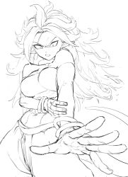Rule 34 | 1girl, android 21, angry, baggy pants, bandeau, bare shoulders, bracelet, breasts, clenched teeth, collar, collarbone, contrapposto, crop top, dragon ball, dragon ball fighterz, earrings, elbow gloves, fingernails, foreshortening, from below, gloves, grabbing own arm, greyscale, highres, hoop earrings, incoming attack, jewelry, legs apart, long hair, looking down, majin android 21, medium breasts, midriff, monochrome, navel, neck ring, open hand, pants, pointy ears, simple background, sketch, solo, spiked hair, standing, strapless, tail, teeth, upper body, v-shaped eyebrows, wavy hair, white background, zequung