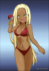 Rule 34 | 1girl, absurdres, bikini, blonde hair, breasts, creatures (company), dark skin, game freak, green eyes, highres, holding, holding poke ball, long hair, looking at viewer, midriff, navel, nintendo, open mouth, poke ball, pokemon, pokemon xy, shiny skin, smile, solo, sterben, swimmer (pokemon), swimsuit, thick thighs, thighs, very long hair, wide hips