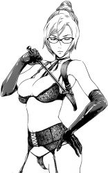 Rule 34 | 10s, 1girl, 3:, bra, choker, closed eyes, elbow gloves, expressionless, garter belt, glasses, gloves, greyscale, hair bun, hand on own hip, holster, lace, lace bra, lingerie, monochrome, panties, partially visible vulva, pointer, prison school, riding crop, shiraki meiko, simple background, solo, standing, string panties, underwear, underwear only, white background