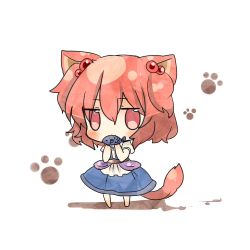 Rule 34 | 1girl, animal ears, cat ears, cat girl, cat tail, chibi, eating, female focus, fish, hair bobbles, hair ornament, jitome, kemonomimi mode, lowres, onozuka komachi, red eyes, red hair, solo, tail, touhou, twintails, two side up, yuya (night lily)
