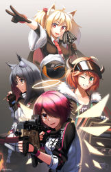 Rule 34 | 4girls, :d, absurdres, animal, animal ear fluff, animal ears, arknights, ballistic shield, beanie, bird, black gloves, black hair, black jacket, black legwear, black shorts, blonde hair, breasts, collared shirt, commentary request, croissant (arknights), curled horns, detached wings, exusiai (arknights), fang, fingerless gloves, food, fur-trimmed jacket, fur trim, gloves, glowing, glowing wings, gradient background, green eyes, grey background, grin, gun, hair between eyes, hair over one eye, halo, hat, highres, holding, holding food, holding gun, holding weapon, horns, jacket, kriss vector, looking at viewer, looking away, multicolored hair, multiple girls, ndtwofives, necktie, one eye closed, open clothes, open jacket, open mouth, orange hair, outstretched arm, pantyhose, pantyhose under shorts, penguin, pocky, purple hair, red eyes, red hair, red neckwear, riot shield, shield, shirt, short hair, short shorts, short sleeves, shorts, small breasts, smile, sora (arknights), submachine gun, sunglasses, texas (arknights), emperor (arknights), twintails, two-tone hair, w, weapon, white headwear, white jacket, white shirt, wings, yellow wings
