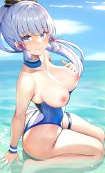 Rule 34 | 1girl, ass, ayaka (genshin impact), blue eyes, blue one-piece swimsuit, blue sky, blunt bangs, blush, breasts, breasts out, chinese commentary, closed mouth, clothes pull, collarbone, floating hair, from side, genshin impact, hair ornament, hair ribbon, hand on own chest, highres, large breasts, long hair, niduannowu, nipples, one-piece swimsuit, one-piece swimsuit pull, partially submerged, ponytail, ribbon, silver hair, sitting, sky, solo, swimsuit, thigh strap, thighs, tress ribbon, wariza, water, wristband
