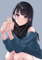 Rule 34 | 1girl, black hair, blush, earrings, fingernails, grey background, highres, idolmaster, idolmaster shiny colors, jewelry, kazano hiori, looking at viewer, mole, mole under mouth, mossan (mossan-777), nail polish, parted lips, purple eyes, simple background, solo