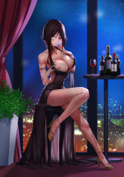 Rule 34 | 1girl, absurdres, armlet, backless dress, backless outfit, bare shoulders, black dress, black hair, bottle, breasts, choker, city, collarbone, cup, dress, drinking glass, halterneck, high heels, highres, huge filesize, indoors, kengzeta, large breasts, long hair, looking at viewer, multicolored hair, night, nipples, original, red eyes, sitting, smile, solo, table, two-tone hair, window, wine bottle, wine glass