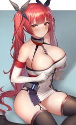 Rule 34 | 1girl, armpits, azur lane, bare shoulders, between breasts, black panties, black thighhighs, breasts, cleavage, closed mouth, dress, elbow gloves, garter straps, gloves, halter dress, halterneck, highres, honolulu (azur lane), large breasts, long hair, looking at viewer, mizuya nao, panties, red eyes, red hair, short dress, side slit, sitting, solo, thighhighs, thighs, twintails, underwear, very long hair, white dress, white gloves
