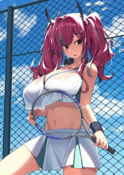 Rule 34 | 1girl, azur lane, bare shoulders, bow, breast press, breasts, bremerton (azur lane), bremerton (scorching-hot training) (azur lane), chain-link fence, cloud, colored eyelashes, commentary, cowboy shot, crop top, day, fence, grey hair, hair between eyes, hair bow, hair ornament, hairclip, heart, heart necklace, holding, holding racket, jewelry, kylin, large breasts, long hair, looking at viewer, mole, mole under eye, multicolored hair, navel piercing, necklace, open mouth, piercing, pink eyes, pink hair, pleated skirt, racket, shirt, skirt, sleeveless, sleeveless shirt, sportswear, standing, streaked hair, tennis racket, tennis uniform, thighs, twintails, two-tone hair, two-tone shirt, two-tone skirt, wet, wet clothes, x hair ornament
