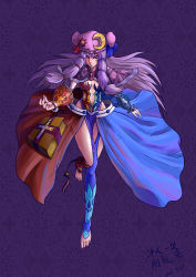 Rule 34 | 1girl, absurdres, adapted costume, asymmetrical clothes, barefoot, bell, book, braid, breasts, capelet, chain, chongtian yixiao shualuanfei, cleavage, crescent, crescent moon, full body, hat, highres, impossible clothes, long hair, moon, navel, patchouli knowledge, purple background, purple eyes, purple hair, simple background, small breasts, solo, sun symbol, tassel, toeless legwear, touhou, twin braids, very long hair