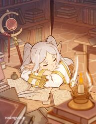 Rule 34 | 1girl, :3, absurdres, artist name, blurry, blurry foreground, book, book stack, closed eyes, crossed arms, dated, dukehooverart, elf, frieren, hashtag-only commentary, highres, indoors, ink bottle, lantern, library, long hair, long sleeves, mage staff, paper, parted bangs, pointy ears, quill, sitting, sleeve cuffs, solo, sousou no frieren, staff, table, thick eyebrows, twintails, white hair
