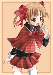Rule 34 | 1girl, :d, beige background, belt, brown eyes, brown hair, contrapposto, cowboy shot, dress, finger to mouth, long hair, long sleeves, looking at viewer, open mouth, red dress, shugo chara!, simple background, smile, solo, standing, takano natsuki, thighhighs, unmoving pattern, white thighhighs, yuiki yaya, zettai ryouiki