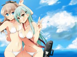 Rule 34 | 10s, 2girls, 9law, :q, alternate costume, bad id, bad pixiv id, bare shoulders, between breasts, bikini, blue eyes, blush, breasts, brown hair, cameltoe, cleavage, day, double v, green eyes, green hair, hair ornament, hairclip, halterneck, kantai collection, kumano (kancolle), large breasts, long hair, looking at viewer, multiple girls, navel, ponytail, shiny skin, smile, strap between breasts, string bikini, suzuya (kancolle), swimsuit, thigh gap, tongue, tongue out, v, white bikini