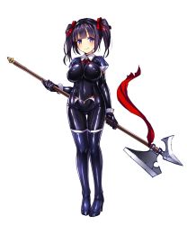 Rule 34 | 1girl, black bodysuit, black hair, blue eyes, blunt bangs, blush, bodysuit, breasts, brooch, closed mouth, covered erect nipples, covered navel, eyebrows, full body, glint, gloves, hair ribbon, halberd, high heels, highres, hip focus, holding, holding weapon, impossible bodysuit, impossible clothes, jewelry, large breasts, latex, legs together, light smile, long sleeves, looking at viewer, original, polearm, puffy sleeves, red ribbon, ribbon, satou kuuki, shiny clothes, short twintails, simple background, skin tight, smile, solo, standing, thigh gap, thighhighs, twintails, weapon, white background