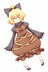 Rule 34 | 1girl, bad id, bad pixiv id, blonde hair, blush, bow, closed eyes, female focus, full body, hair bow, kurodani yamame, long sleeves, mary janes, open mouth, puffy sleeves, sanotsuki, shoes, short hair, solo, touhou, white background, wide sleeves