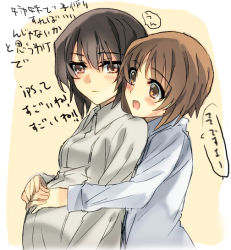 Rule 34 | 2girls, brown eyes, brown hair, commentary request, girls und panzer, hand on hand, hands on stomach, hareta, hug, hug from behind, if they mated, incest, ips cells, multiple girls, nishizumi maho, nishizumi miho, pregnant, shirt, short hair, siblings, simple background, sisters, translation request, white shirt, wife and wife, yuri