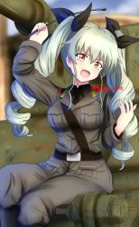 Rule 34 | 1girl, anchovy (girls und panzer), anzio military uniform, arm up, belt, black belt, black necktie, black ribbon, black shirt, blurry, blurry background, carro armato p40, commentary, day, dress shirt, drill hair, girls und panzer, green hair, grey jacket, grey pants, hair ribbon, head tilt, highres, holding, jacket, long hair, long sleeves, looking at viewer, military, military uniform, military vehicle, motor vehicle, necktie, on vehicle, open mouth, outdoors, pants, red eyes, redbaron, ribbon, riding crop, sam browne belt, shirt, sitting, smirk, solo, tank, twin drills, twintails, twitter username, uniform, wing collar