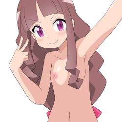 Rule 34 | 1girl, absurdres, artist request, brown eyes, brown hair, digimon, digimon ghost game, highres, long hair, looking at viewer, nude, shiny skin, simple background, smile, solo, split mouth, standing, tsukiyono ruli, upper body, v