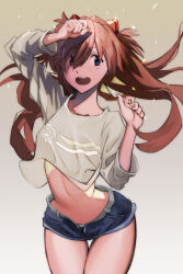 Rule 34 | 1girl, bare legs, blue eyes, breasts, brown hair, denim, denim , floating hair, hair between eyes, hair ornament, highres, interface headset, long hair, looking at viewer, medium breasts, navel, neon genesis evangelion, open clothes, open mouth, open shorts, shorts, smile, solo, souryuu asuka langley, two side up, wide hips, yagisawa teru