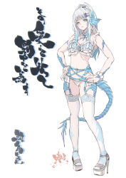 Rule 34 | 1girl, absurdres, au ra, blue eyes, blue hair, blue horns, blue nails, blue tail, breasts, cleavage, eyelashes, final fantasy, final fantasy xiv, fingernails, full body, garter belt, garter straps, gradient hair, hair ornament, hairclip, hands on own hips, high heels, high ponytail, highres, horns, jewelry, lakugali shiki, legs apart, light blue hair, long hair, medium breasts, mole, mole on cheek, mole on neck, mole on stomach, mole on thigh, multicolored hair, multiple moles, nail polish, navel, panties, parted lips, pinky ring, ring, scales, simple background, solo, split ponytail, standing, thighhighs, toenail polish, toenails, two-tone hair, underwear, warrior of light (ff14), white background, white hair, white panties, white thighhighs