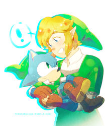 Rule 34 | !, blonde hair, blue eyes, carrying, cosplay, crossover, earrings, frantabulosa, furry, furry male, gloves, hat, jewelry, link, nintendo, pointy ears, smile, sonic (series), sonic the hedgehog, the legend of zelda, the legend of zelda: skyward sword