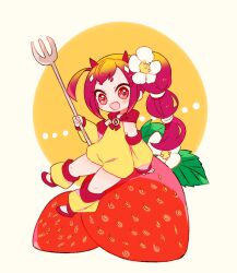 Rule 34 | blush, braid, chibi, creatures (company), detached sleeves, fang, flower, food, fruit, game freak, gen 3 pokemon, gradient hair, hair flower, hair ornament, holding trident, horns, male focus, mawile, mega stone, monster boy, multicolored hair, nintendo, oversized food, oversized object, personification, pokemon, polearm, red eyes, side braid, sitting on food, sparkling eyes, strawberry, thick eyebrows, trap, trident, weapon, white flower, yuzu ichika
