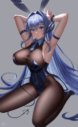Rule 34 | 1girl, :3, absurdly long hair, absurdres, anchor ornament, animal ears, arm strap, armpits, arms up, artist logo, artist name, azur lane, bare shoulders, black footwear, black leotard, blue eyes, blue hair, blue necktie, blush, bodystocking, breasts, cleavage, closed mouth, collarbone, commentary, covered navel, detached collar, fake animal ears, full body, grey background, hair between eyes, hair intakes, headgear, high heels, highres, large breasts, leotard, long hair, looking at viewer, necktie, new jersey (azur lane), new jersey (exhilarating steps!) (azur lane), nightclub, official alternate costume, playboy bunny, pole, rabbit ears, short necktie, sidelocks, sitting, smile, solo, strapless, strapless leotard, stripper pole, taut clothes, theblu3jay, very long hair, wariza, wrist cuffs