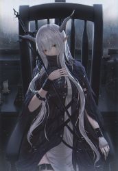 Rule 34 | 1girl, arknights, black cloak, candle, chair, cloak, commentary, cowboy shot, fingerless gloves, gloves, grey eyes, hair between eyes, hand up, head tilt, highres, horns, long hair, looking at viewer, pointy ears, shining (arknights), silver hair, single glove, solo, staff, very long hair, wristband, xi-u