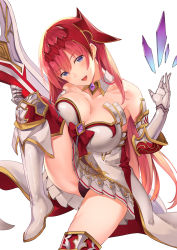 Rule 34 | 1girl, bare shoulders, black panties, blue eyes, blush, breasts, cleavage, detached collar, dress, elbow gloves, female focus, gauntlets, gloves, godsworn alexiel, granblue fantasy, hair between eyes, hair ornament, hand up, happy, head tilt, holding, holding weapon, knee up, large breasts, long hair, looking at viewer, neck, open mouth, panties, pleated dress, red hair, short dress, sitting, smile, solo, strapless, strapless dress, suzuame yatsumi, thighhighs, thighs, underwear, very long hair, weapon, white dress