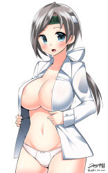 Rule 34 | 10s, 1girl, :d, blouse, blue eyes, blush, breasts, chitose (kancolle), dressing, female focus, grey hair, impossible clothes, kantai collection, large breasts, long hair, looking at viewer, navel, no bra, open mouth, panties, shirt, simple background, smile, solo, underwear, white panties, white shirt, yuuki hb