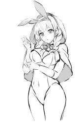 Rule 34 | 1girl, animal ears, braid, breasts, capelet, commentary request, covered navel, cowboy shot, fake animal ears, gloves, highres, hood, hood up, hooded capelet, kantai collection, large breasts, leotard, lineart, monochrome, playboy bunny, rabbit ears, senbei (senbe i), shinshuu maru (kancolle), simple background, solo, standing, strapless, strapless leotard, twin braids