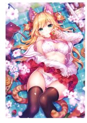 Rule 34 | 1girl, absurdres, animal ears, black thighhighs, blonde hair, blouse, blurry, blurry foreground, bow, bow panties, bra, breasts, camisole, cat ears, cat tail, cherry blossoms, closed mouth, clothes lift, depth of field, food, fork, fruit, green eyes, hair ribbon, highres, long hair, long sleeves, lying, medium breasts, melonbooks, non-web source, on back, open clothes, open shirt, original, outdoors, panties, picnic, picnic basket, ribbon, riv (rivleaf), scan, school uniform, serafuku, shirt, shirt lift, skirt, skirt lift, sleeves past wrists, smile, solo, strap slip, strawberry, tail, thighhighs, two side up, underwear, white bra, white panties