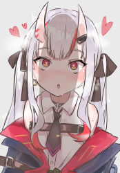 Rule 34 | 1girl, :o, bare shoulders, black necktie, black ribbon, breasts, female focus, flat chest, hair ribbon, heart, heart-shaped pupils, highres, hime apple, hololive, horns, jacket, jewelry, long hair, looking at penis, multicolored hair, nakiri ayame, necktie, off shoulder, open clothes, open jacket, open mouth, penis awe, penis shadow, red eyes, red hair, ribbon, shadow, simple background, small breasts, solo, symbol-shaped pupils, twintails, virtual youtuber, white background, white hair