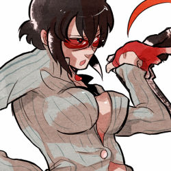 Rule 34 | 00s, 1girl, bad id, bad pixiv id, breasts, bridal gauntlets, buttons, capcom, cleavage, devil may cry, devil may cry (series), devil may cry 4, lady (devil may cry), large breasts, long sleeves, lowres, red-tinted eyewear, red-tinted glasses, short hair, sidelocks, simple background, solo, sunglasses, tinted eyewear, tkh, upper body, white background