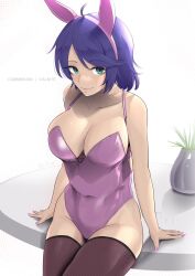 Rule 34 | 1girl, alternate costume, animal ears, black eyes, blue hair, breasts, cleavage, collarbone, fake animal ears, fire emblem, fire emblem: shadow dragon, highres, large breasts, leotard, looking at viewer, medium hair, midia (fire emblem), nail polish, nintendo, pink leotard, pink nails, plant, playboy bunny, potted plant, rabbit ears, sitting, smile, solo, table, thighhighs, vialnite, watermark, white background