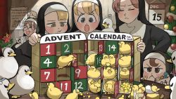 Rule 34 | 5girls, ^ ^, bird, box, calendar (object), candy, chicken, christmas tree, closed eyes, clumsy nun (diva), cookie, corn, crying, diva (hyxpk), duck, duckling, food, frog headband, froggy nun (diva), frown, fruit, glasses nun (diva), hairband, highres, hungry nun (diva), lemon, little nuns (diva), multiple girls, nun, silhouette, snail, spicy nun (diva), string, traditional nun, u u