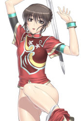 Rule 34 | 1girl, :d, alternate costume, bottomless, brown eyes, brown hair, censored, chai xianghua, covered erect nipples, female focus, flat chest, kansuke, looking at viewer, mosaic censoring, open mouth, panties, panties around leg, panty pull, pussy, simple background, smile, solo, soul calibur, soulcalibur i, sword, underwear, undressing, weapon, white background, white panties