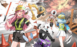 Rule 34 | 5girls, armband, arona (blue archive), aru (blue archive), bad id, bad pixiv id, black hair, blue archive, blue hair, boots, clipboard, construction site, controller, demon horns, excavator, explosion, fanning, fence, gloves, halo, hand fan, haruka (blue archive), helmet, highres, holding, holding fan, horns, kayoko (blue archive), long hair, multicolored hair, multiple girls, mutsuki (blue archive), pen, pink hair, pleated skirt, remote control, ryoma (rym 369), short hair, short shorts, shorts, side ponytail, skirt, traffic cone, vest, white hair, white skirt, yellow eyes