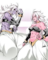 Rule 34 | 2girls, abs, android 21, arabian clothes, bare shoulders, black nails, black sclera, blue eyes, bowalia, bracelet, colored sclera, colored skin, dragon ball, dragon ball fighterz, dragonball z, dual persona, harem outfit, highres, jewelry, majin android 21, multiple girls, muscular, muscular female, navel, pink skin, purple skin, spiked hair, sweat, tail