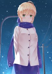Rule 34 | 1girl, artoria pendragon (all), artoria pendragon (fate), blonde hair, blue bow, blue scarf, blue skirt, blush, bow, chakku illust, coat, fate/grand order, fate/stay night, fate (series), green eyes, hair bow, highres, lamppost, looking at viewer, night, night sky, official alternate costume, outdoors, power lines, saber (fate), scarf, skirt, sky, smile, snowing, solo