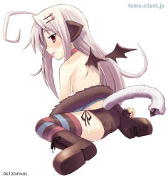 Rule 34 | 1girl, ahoge, bat wings, boots, kitahara tomoe (kitahara koubou), multicolored clothes, multicolored legwear, original, solo, striped clothes, striped thighhighs, tail, thighhighs, wings