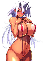 Rule 34 | 1girl, areola slip, blush, breasts, colored sclera, dark-skinned female, dark skin, fay evelead, highres, horns, kuro kuro black chronicle, large breasts, long hair, navel, pubic tattoo, rakko (r2), red eyes, revealing clothes, shiny skin, slingshot swimsuit, sweat, swimsuit, tattoo, white hair, yellow sclera