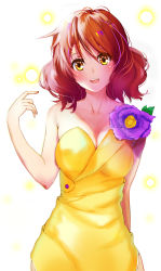 Rule 34 | 1girl, :d, absurdres, arm behind back, bad id, bad pixiv id, blush, breasts, brown hair, cleavage, clisapex, collarbone, dress, flower, hair between eyes, head tilt, hibike! euphonium, highres, large breasts, long hair, looking at viewer, open mouth, oumae kumiko, purple flower, sleeveless, sleeveless dress, smile, solo, standing, strapless, strapless dress, white background, yellow dress, yellow eyes
